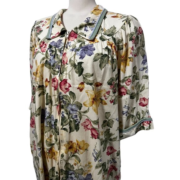 Vintage Smart Time Floral Zip Front Night Gown Robe Sz Large Womens Collared Bei - Picture 3 of 12